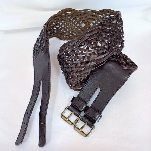 Woven Real Leather Double Buckle Belt Hippie Boho Festival Brown Extra Wide Sz L main image 7